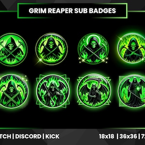 Green Grim Reaper Sub Badges for Twitch | Scythe Skull Badges| Death-Themed Twitch Badges | Discord  Kick |