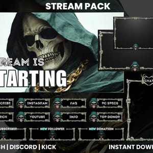 Hooded Skull Twitch Steam Pack | Twitch Screen Overlay | Animated Screens | Twitch Alerts | Panels | Twitch Chat Overlay | Discord | Kick