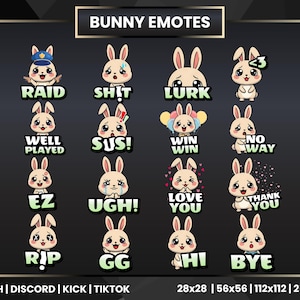 Bunny Emotes Pack | 16 Bunny Twitch Emotes | Text Emotes | Gaming Bunny Emotes | Adorable Rabbit Emote Collection | Kawaii Bunny Emotes