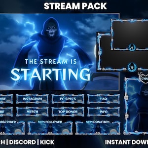 Grim Reaper Stream Pack | Dark Skull Twitch Overlays | Skull Stream Pack | Dark Grim Reaper Twitch Overlay| Blue Grim Reaper OBS