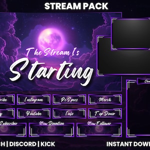 Purple Moon Twitch Stream Paket | Animierter Bildschirm | Twitch Bildschirmüberlagerung | Webkamera Overlay | Twitch Alarme | Chat-Overlay | Lila Mond Nacht