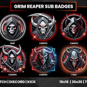 Grim Reaper Sub Badges for Twitch | Scythe Skull Badges| Death-Themed Twitch Badges | Discord  Kick |