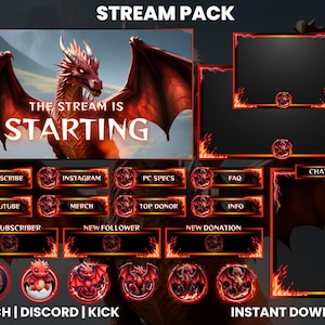 Red Dragon Twitch Stream Pack | Dragon Screen Overlays | Animated Webcam | Dragon Panels | Obs Overlays | Animated Screen| Twitch Sub Badges