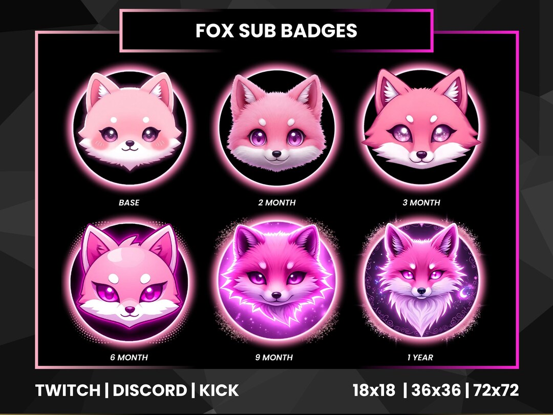Pink Fox Twitch Sub Badges - Cute Kawaii Fox Loyalty Badges - Etsy