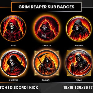 Fire Grim Reaper Sub Badges for Twitch | Scythe Badges| Death-Themed Twitch Badges | Discord  Kick |