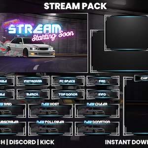Drifting Car Twitch Stream Pack | Animated Screens | Twitch Screen Overlay | Webcam Overlay | Grey and Blue | Racing Car | Discord | Kick