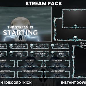 Skull Stream Pack | Dark Themed | Gothic | Webcam Overlay | Twitch Alerts | Twitch Panels | Chat Box Overlay| Twitch  Overlay | Death Themed