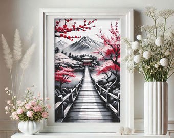 Puede incluir: Una pintura enmarcada de un paisaje en blanco y negro con un puente rojo que conduce a una pagoda. El paisaje presenta una montaña y árboles de cerezo en flor.