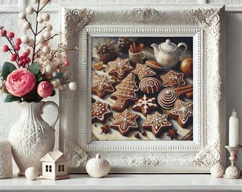 May include: A framed painting of gingerbread cookies in various shapes, including stars and trees, with white icing details. The painting is in a white ornate frame, displayed on a white mantelpiece with a vase of flowers and a candle.