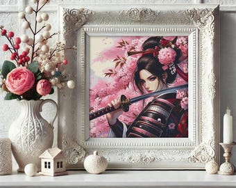 Cross stitch pattern PDF – Samurai woman with cherry blossoms, Japanese embroidery