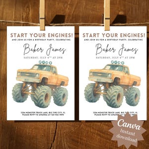 Puede incluir: Se muestran dos invitaciones a una fiesta de cumpleaños, organizada por Baker James. Las invitaciones presentan una ilustración de un camión monstruo naranja. El texto dice "Start Your Engines!" e incluye la fecha y la hora.