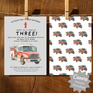 Può includere: Due biglietti d'invito per la festa di compleanno di un bambino. La carta di sinistra ha il testo "Attenzione pompieri! Grady Jay compie tre anni!" e un'illustrazione ad acquerello di un camion dei pompieri rosso. La carta di destra ha un motivo di camion dei pompieri rossi.