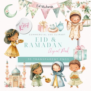 Aquarel Eid & Ramadan clipartbundel | 35 png-bestanden | Schattige Eid Mubarak | Islamitische lantaarn | Lentebloemen| Afbeeldingen moskeeën| Commercieel gebruik