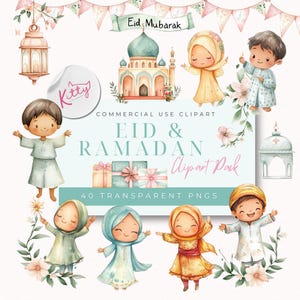 Pacote de clipart de aquarela Eid e Ramadan | 40 PNG'S | Eid Mubarak fofo | Lanterna islâmica | Flores da primavera | Gráficos de mesquitas | Uso comercial