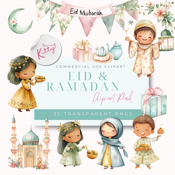Watercolour Eid & Ramadan Clipart Bundle | 35 PNG'S| Cute Eid Mubarak | Islamic Lantern | Spring Flowers| Mosques graphics| Commercial Use