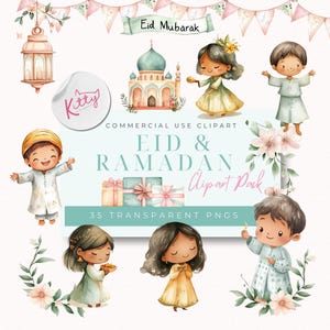 Pacote de clipart de aquarela Eid e Ramadan | 35 PNG'S | Eid Mubarak fofo | Lanterna islâmica | Flores da primavera | Gráficos de mesquitas | Uso comercial