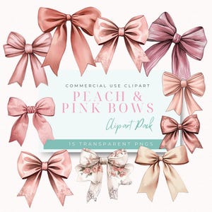 Watercolour Pink and Peach Bow Clipart| Coquette Bows Clipart | Pink Ribbon PNG | Cute Girly Bows | Pastel Baby Girl| Baby Girl Bow Clipart