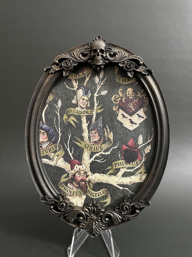 May include: A black oval frame with ornate gold detailing and a skull at the top. Inside the frame is a black and white family tree with the names "Turgis", "Ellaдора", "Sirius", "Phineus", and "Nigellus" written on it.