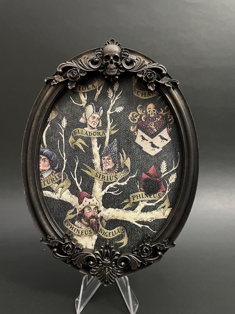 May include: A black oval frame with ornate details, featuring a family tree illustration. The tree is depicted with branches and leaves, and each branch has a portrait of a person with a name written below. The names include:  Tiola, Elladora, Sirius, Phineus, and Phineus Nigellus. The frame is topped with a skull.