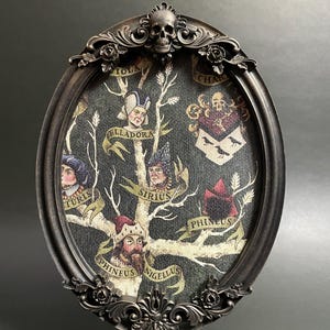 May include: A framed oval canvas with a black background and a white tree with branches. The tree has a skull at the top and several faces and names on the branches. The names are: Iola, Ellaдора, Sirius, Phineus, Phineus, and Nigellus.