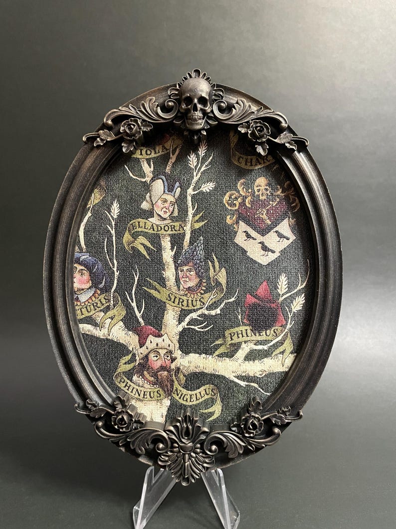 May include: A framed oval canvas with a black background and a white tree with branches. The tree has a skull at the top and several faces and names on the branches. The names are: Iola, Ellaдора, Sirius, Phineus, Phineus, and Nigellus.