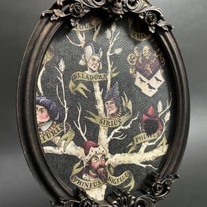 May include: A black oval frame with ornate gold accents and a skull at the top. Inside the frame is a black and white family tree with the names "Turius", "Bellaдора", "Sirius", "Phineus", and "Phineus Nigellus" written on it.