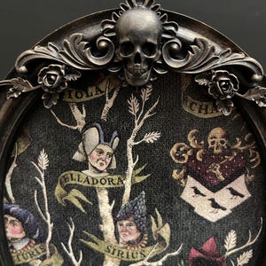 May include: A black oval frame with ornate silver detailing and a skull at the top. Inside the frame is a black and white tapestry depicting a family tree with the names "Iola", "Ellaдора", "Sirius", "Turris", "Phineus", and "Cha"