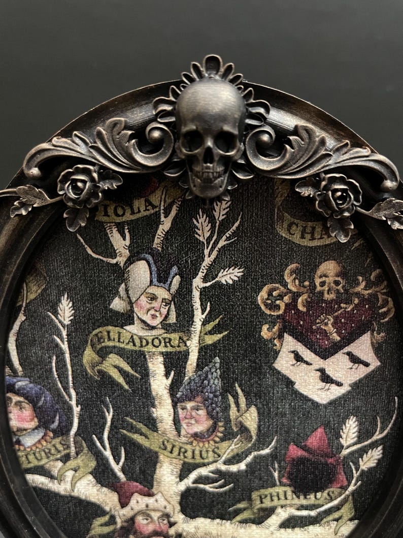 May include: A black oval frame with ornate silver detailing and a skull at the top. Inside the frame is a black and white tapestry depicting a family tree with the names "Iola", "Ellaдора", "Sirius", "Turris", "Phineus", and "Cha"