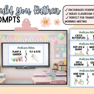 May include: Classroom resources with "Would You Rather" prompts. The image shows a whiteboard with prompts like "Plant a Garden" or "Fly a Kite", and cards with options such as "Catch Butterflies" or "Watch Birds". The text also says "Encourages Student Voice".