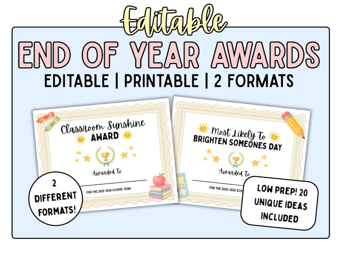Editable End of Year Classroom Awards | 20 Printable Student ...