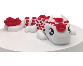 3D Printed Articulated Dragon with Roses & Hearts - Whimsical Decor