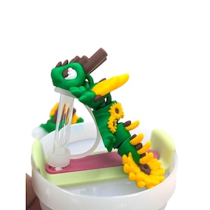 Sunflower Dragon Straw Topper, 3D Printed Straw Topper with Silicone Cover, Articulated Flexi Topper, 10mm Stanley or 12mm Brumate Straw Top