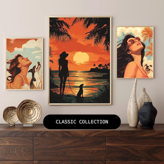 Vintage Poster Wall Art| Classic Collection of 4 |Sunlit Stroll: LA Girl & Her Dog in Pastel Bliss| Instant DIGITAL DOWNLOAD