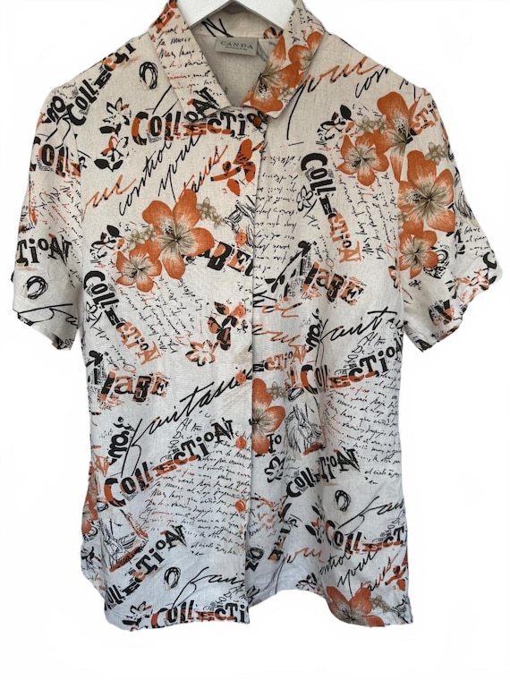 Vintage 90s C&A Canda Newspaper Script Floral Blouse Linen Blend Shirt UK 16