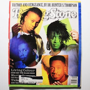 May include: A magazine cover featuring a photo of four men, with the title "Rolling Stone" and the headline "Living Colour: Good Day for Black Rock".
