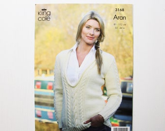 Deep V Neck Sweater Knitting Design King Cole Aran 3168 Pattern for Women