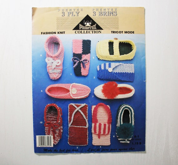 Knitted Slippers Patterns Phentex Ply, in English and French,