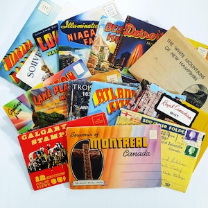Lot de 15 cartes postales dépliantes vintage Montréal Canada Niagara Falls Atlantic City Calgary Stampede Detroit Boston Souvenir Junk Journal