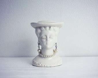 Mid Century Vintage White Ceramic Bud Vase, Small Woman's Head Vase, Pearl Necklace and Earrings