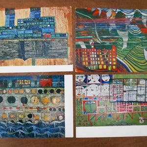 Cartes postales de peintures de Friedereich Hundertwasser, cartes postales d'art vintage authentiques inutilisées x 4