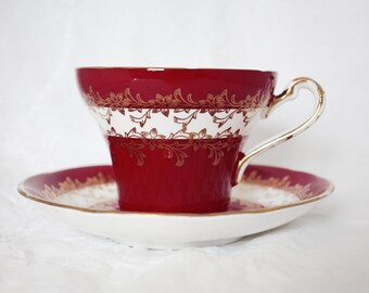 Vintage Tea Cup & Saucer Royal Stafford Bone China White Red Gold Made in England