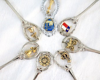 Lot of 7 Vintage Souvenir Dangling Charm Spoons: Florida; Texas; Pennsylvania; Kansas; Seattle, Washington; Calgary, Alberta