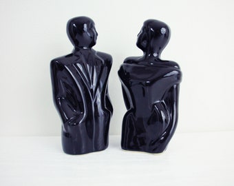 1980s Figurine, Art Deco Revival, Vintage Figurine, Man Woman Bust, Black Figurines, High Gloss Ceramic, Male Female Couple, 80's Figures