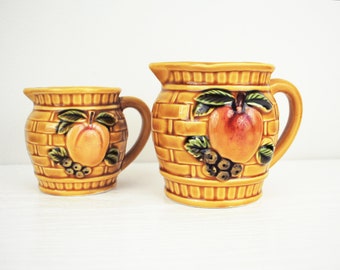 Vintage Measuring Cups, Mustard Brown Embossed with Fruit Motif, Made in Japan