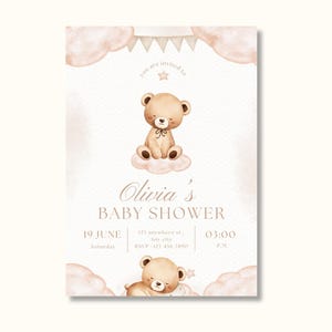 Editable Teddy Bear Baby Shower Invitation | Watercolor  Wait Invite Template | Neutral Boho Baby Shower Mobile Evite
