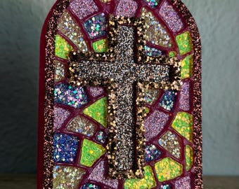 Stained Glass Cross Car Freshie: Lavendar Fabuloso Scented Air Freshener