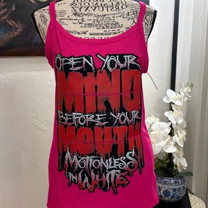 Camiseta sin mangas acanalada de doble cara con estampado de Motionless In White, Open Your Mind Before Your Mouth y Hellraiser Pinhead, confeccionada a medida, talla grande.