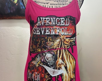 Custom sewn AVENGED SEVENFOLD band & Wicked Skull double sided graphic ribbed tank top size Large