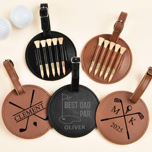 Support de té de golf personnalisé, cadeau pour étiquette de sac de golf en cuir gravé avec tés de golf, accessoires de golf personnalisés, cadeau pour amateur de golf, cadeau de golf pour homme