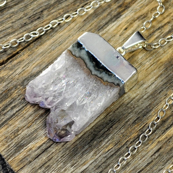 Amethyst Necklace, Amethyst Pendant, Amethyst Slice Necklace, Amethyst Silver Necklace, February Birthstone, Sterling Silver Chain